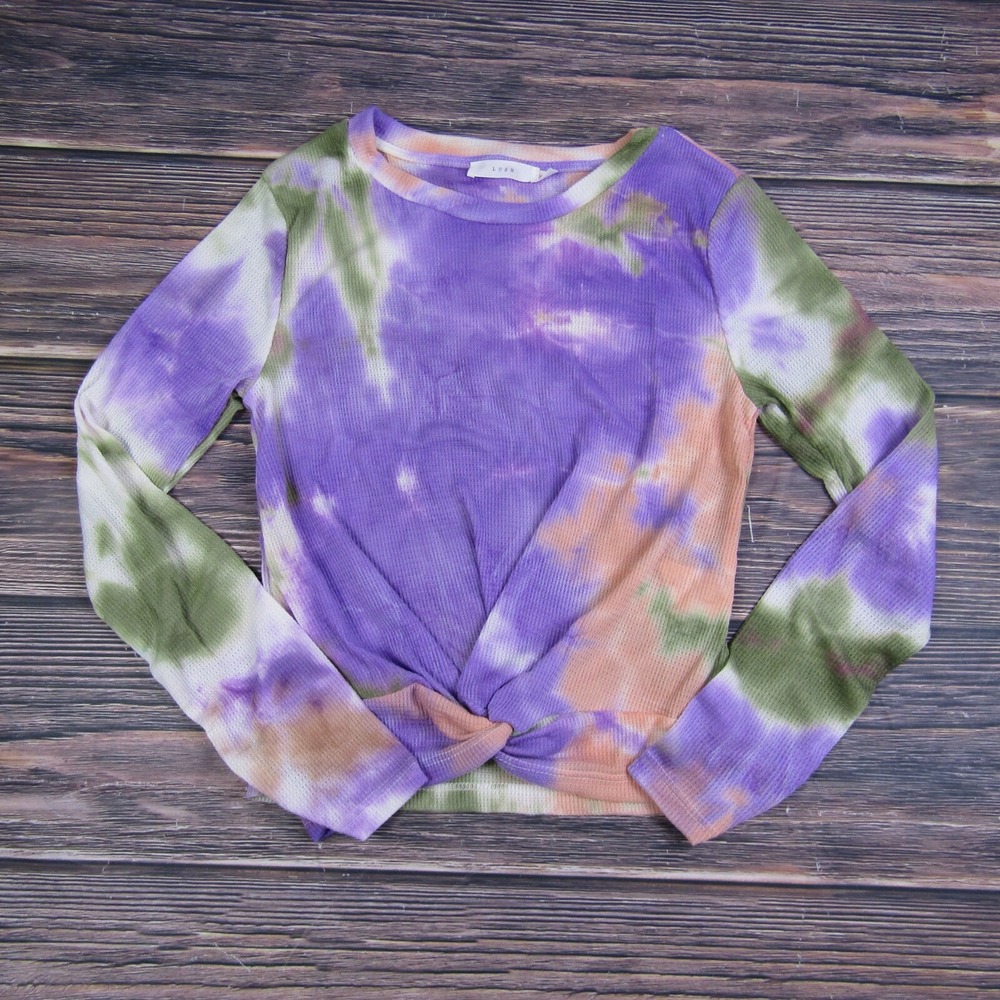 Lush NEW Womens Small Purple Pink Tie Dye Tie Waist Crewneck Sweater Waffle